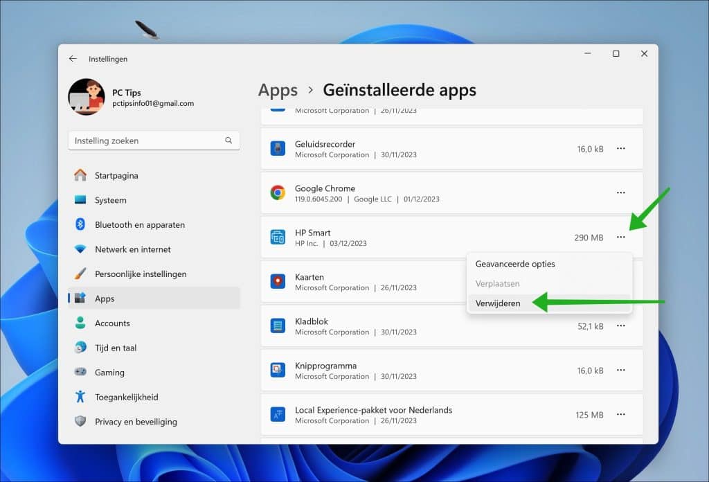 HP Smart verwijderen in Windows 11