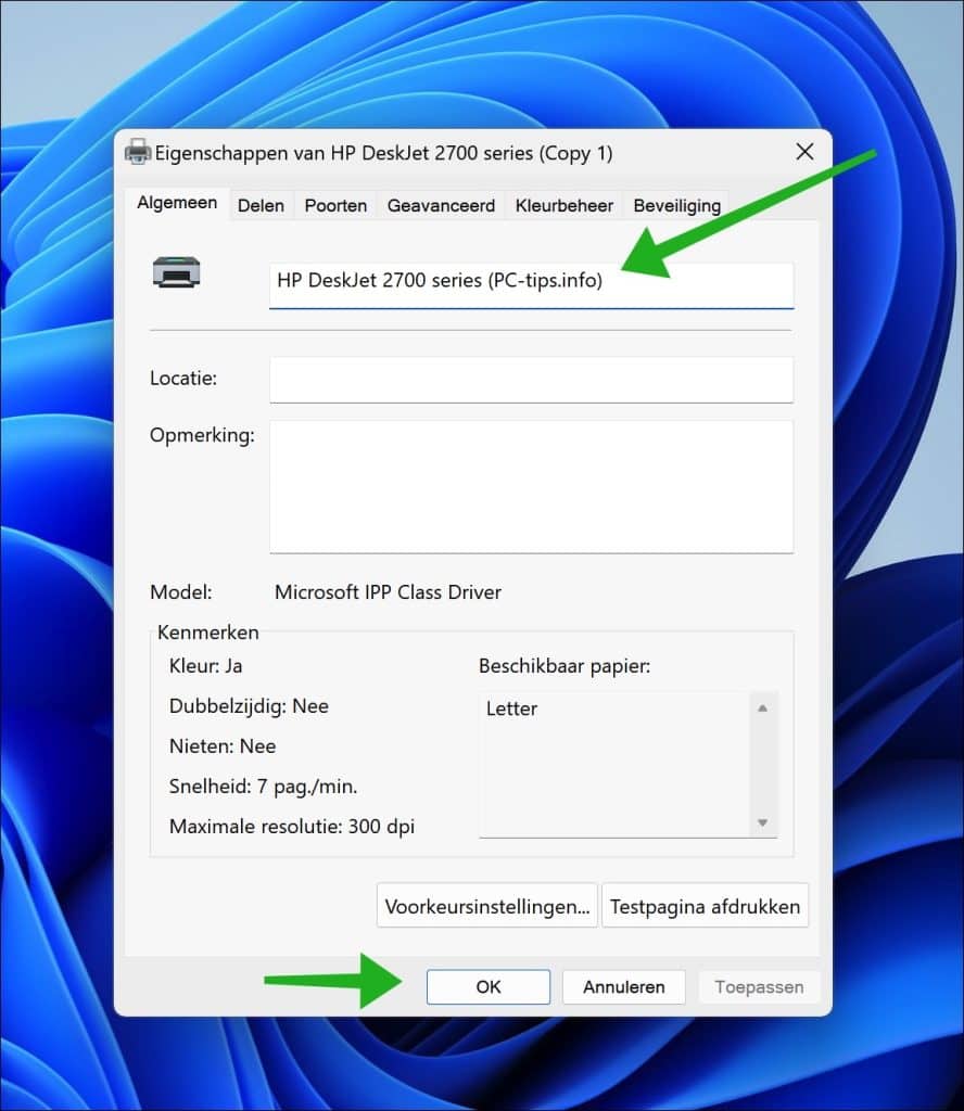 Printernaam wijzigen in Windows 11 of Windows 10 via instellingen