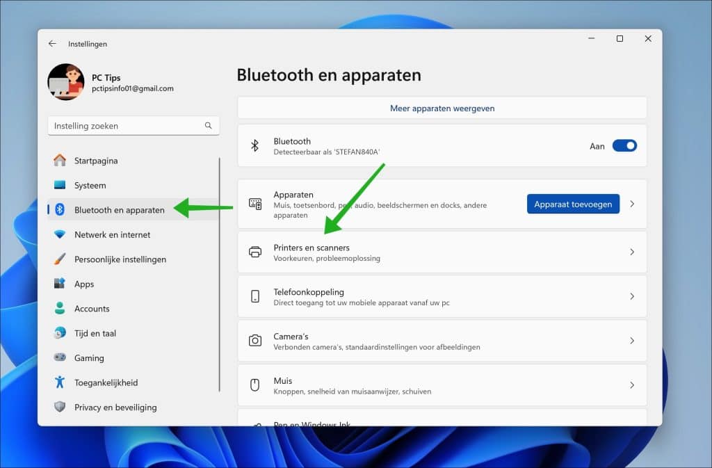 printers en scanners instellingen