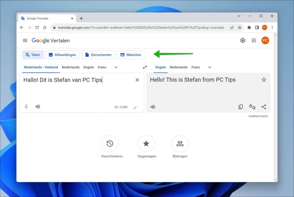 tekst vertalen met google translate website