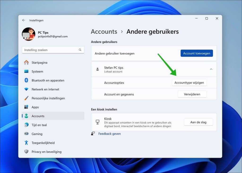 Accounttype wijzigen