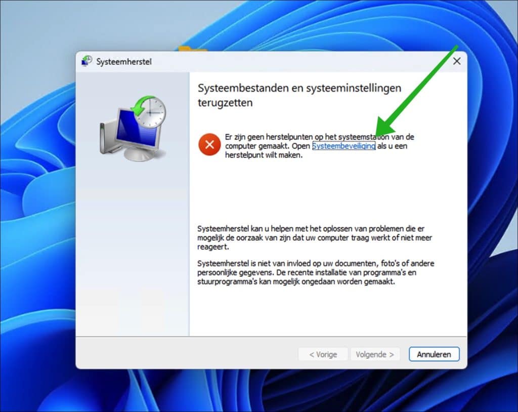 Herstelpunt aanmaken via systeembeveiliging