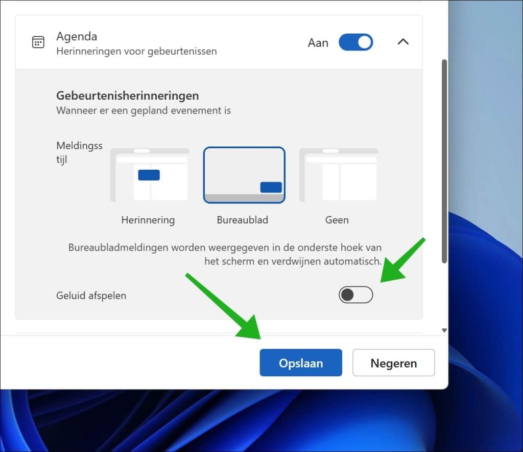 Agenda geluid meldingen uitzetten