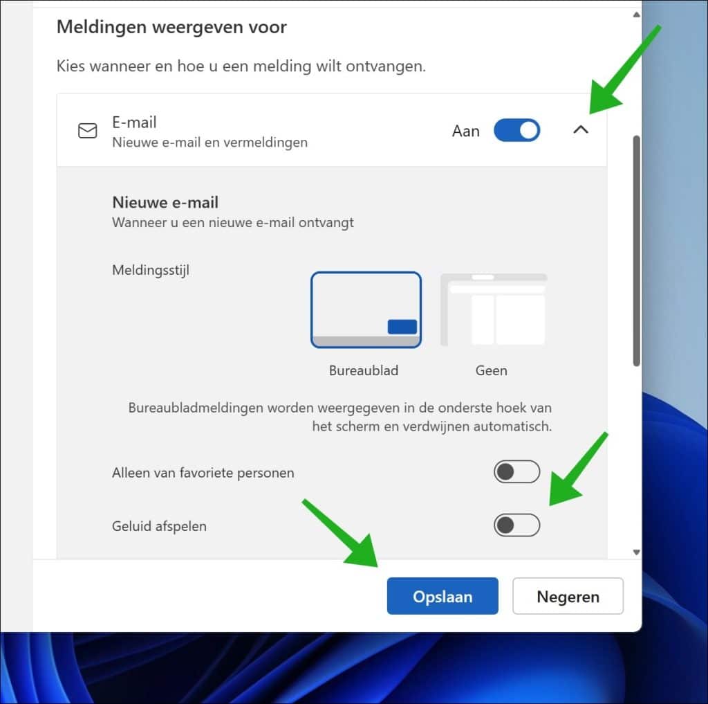 Email geluid meldingen uitzetten