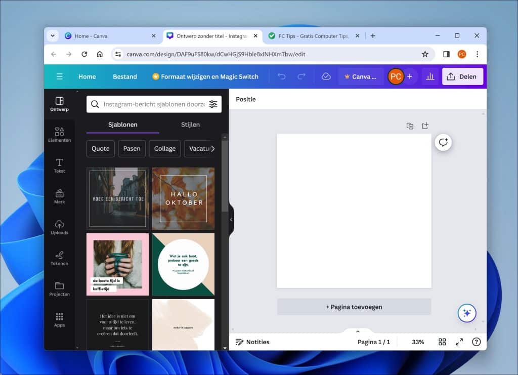 Instagram bericht maken met Sjabloon