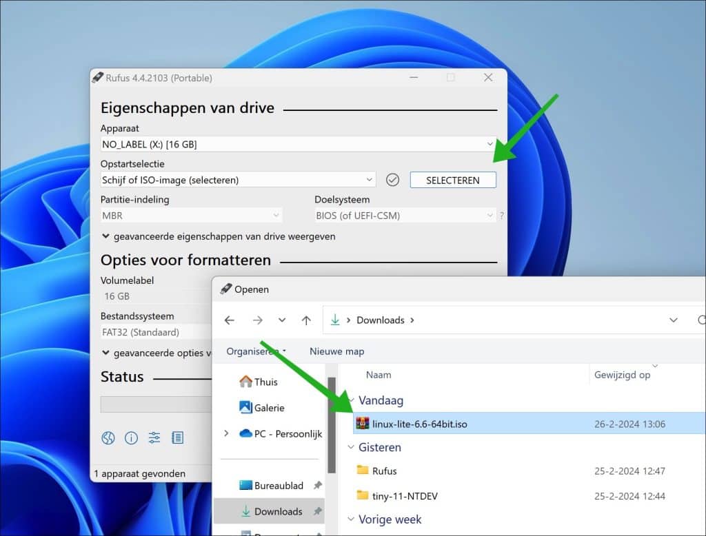 Linux lite iso selecteren met Rufus