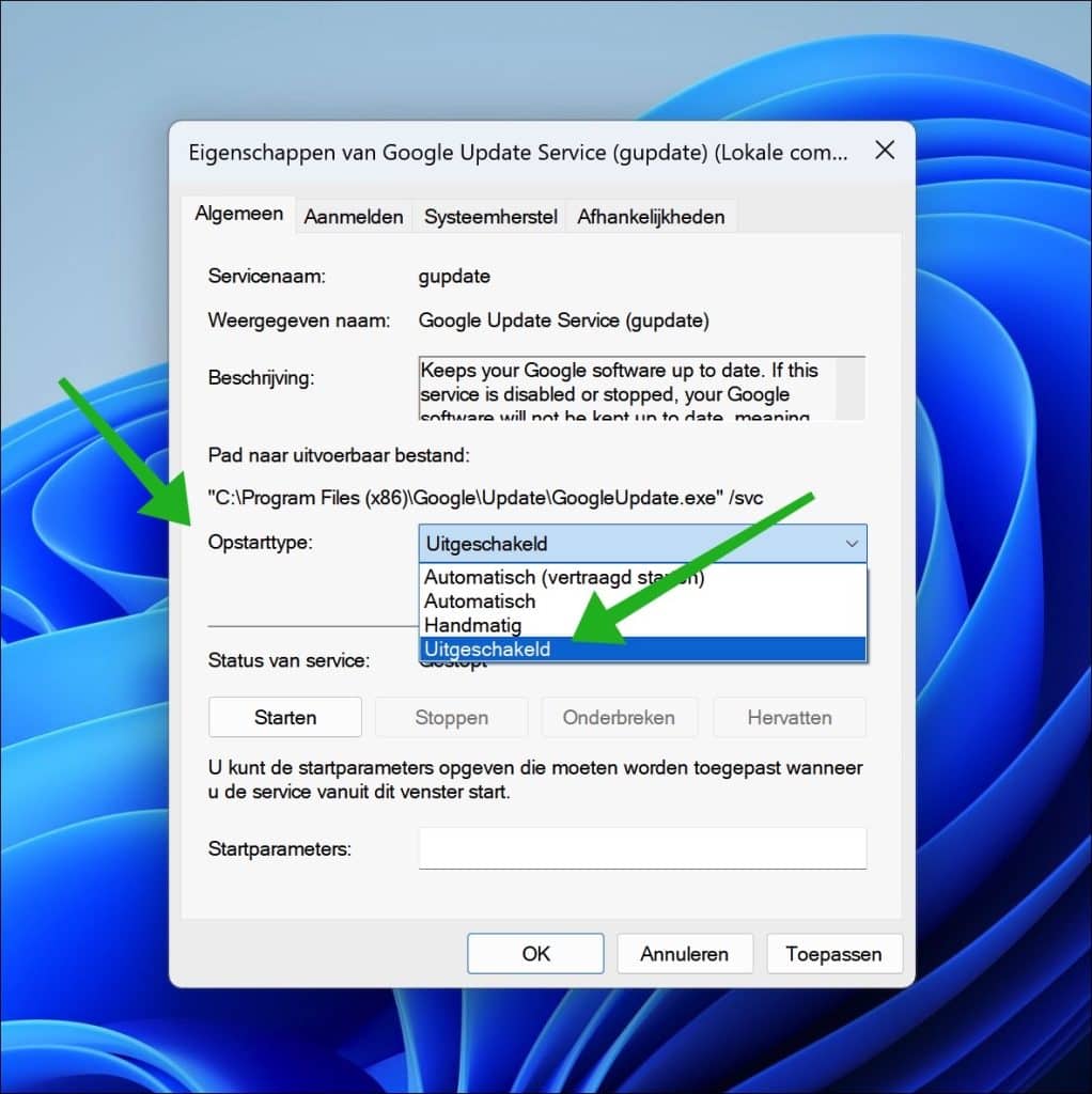Opstarttype uitschakelen