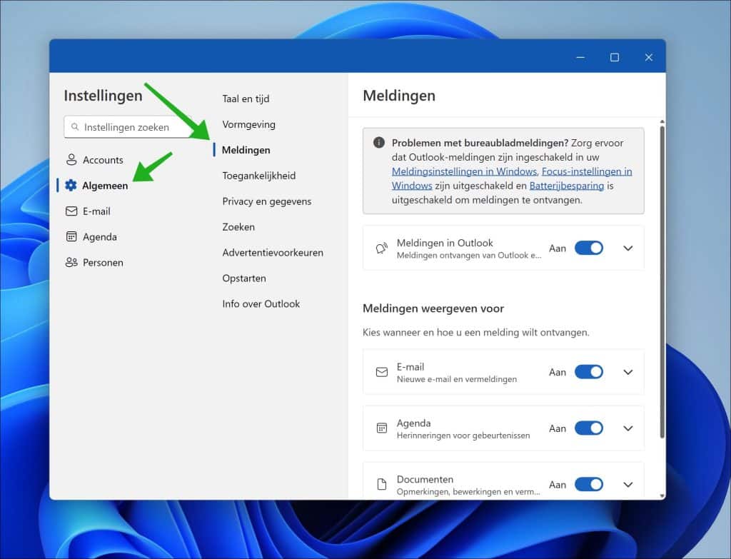 Outlook meldingsinstellingen openen