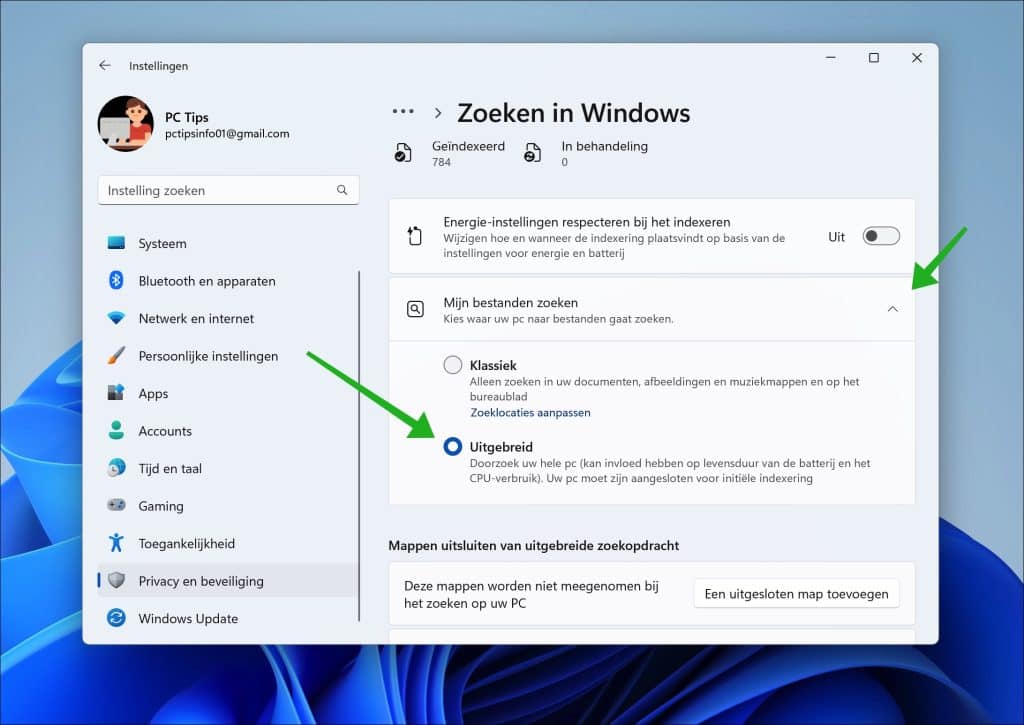 Activer la recherche avancée dans Windows 11