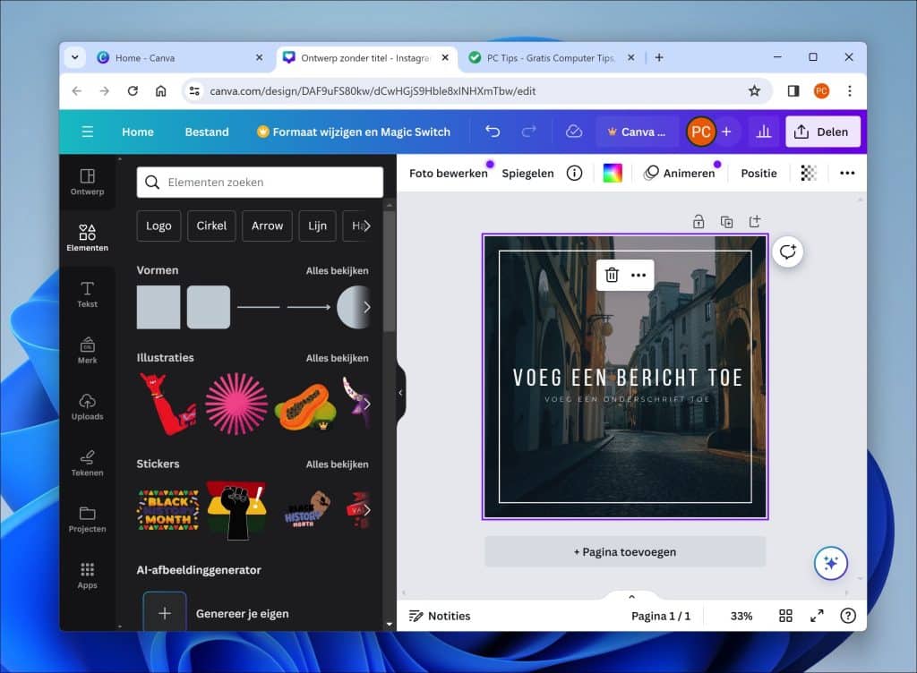 Vormen en Stickers voor Instagram ontwerp in Canva