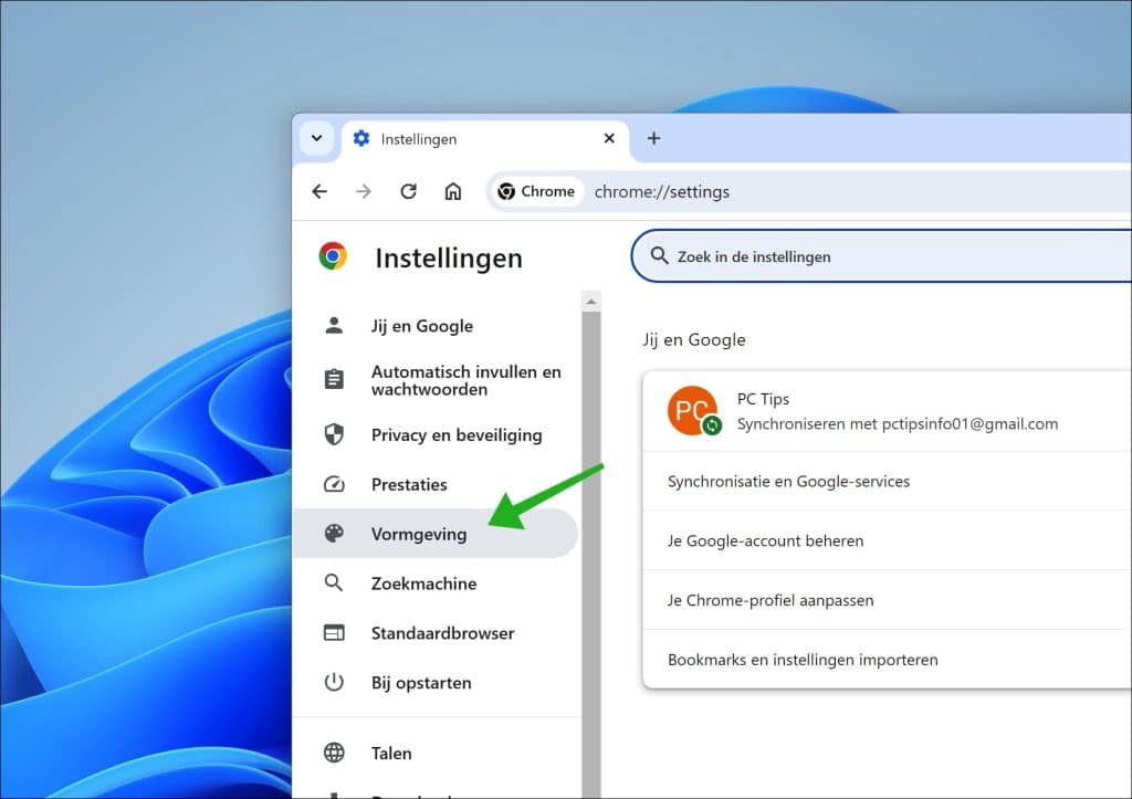 Vormgeving instellingen in Google Chrome