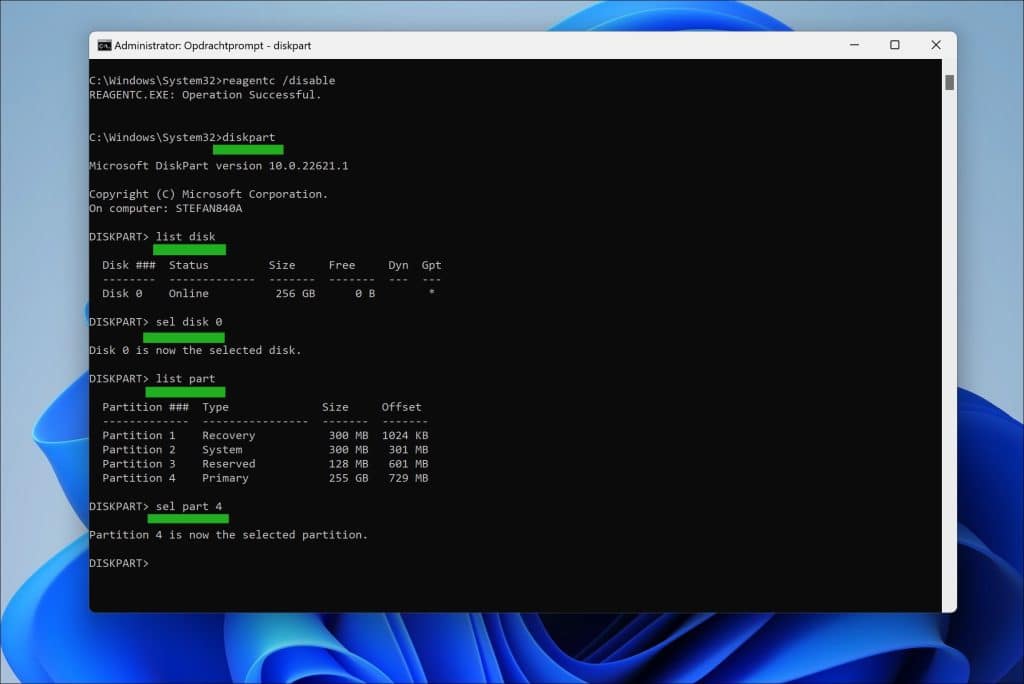 diskpart sel disk part