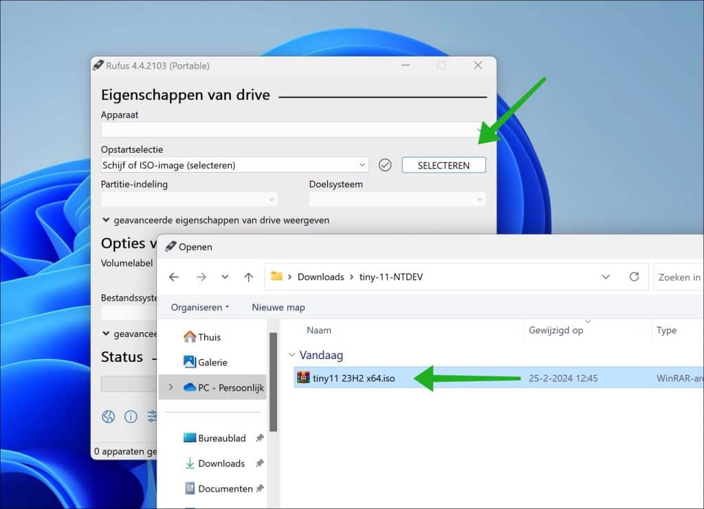 tiny 11 iso selecteren