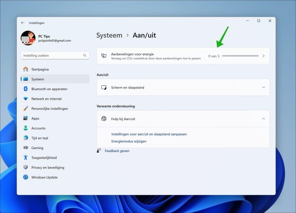 Aanbevelingen voor energie in windows 11