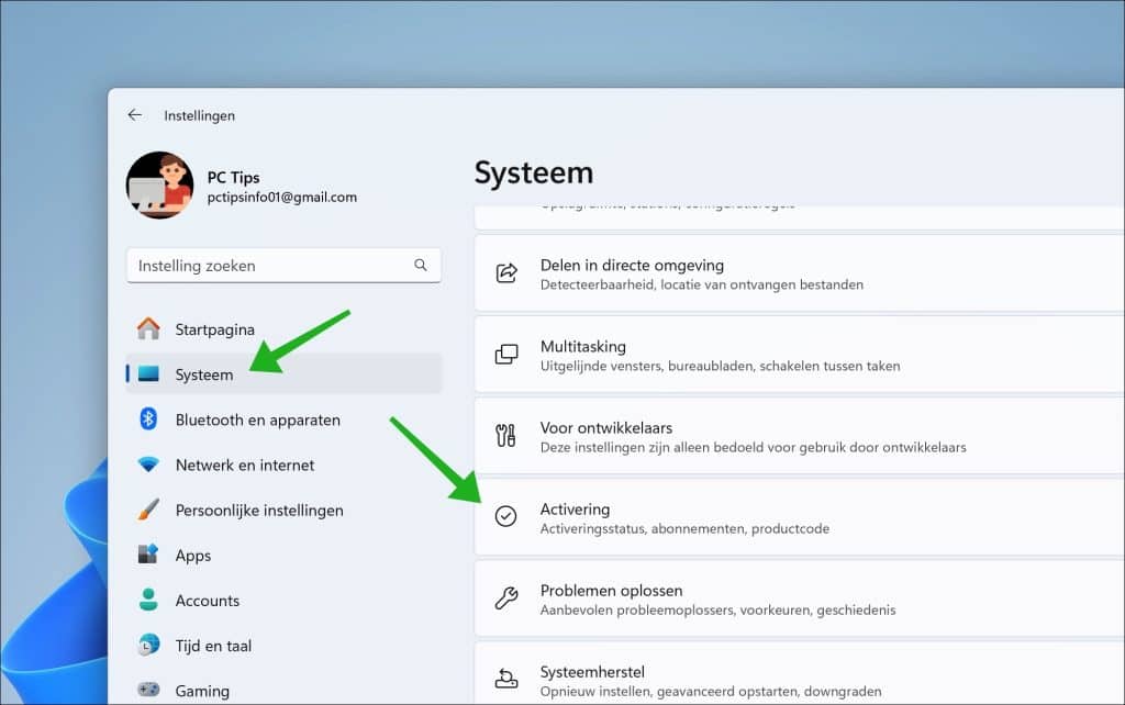 Activeringsinstellingen in Windows 11