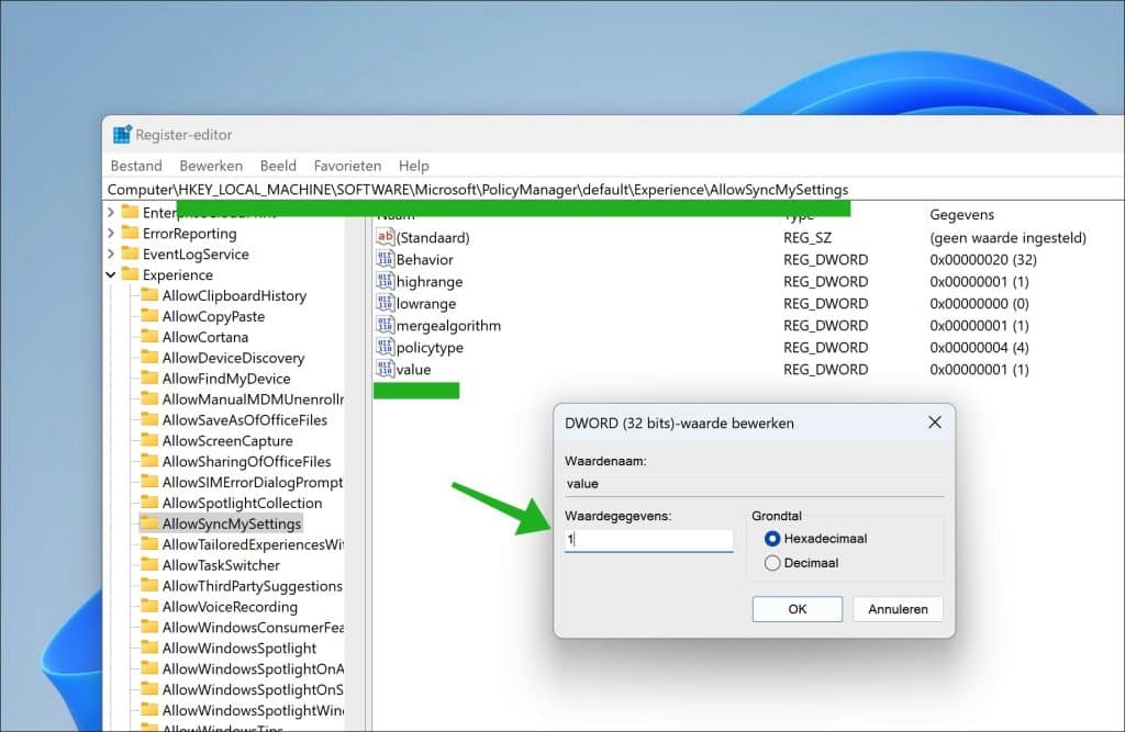 Apps en instellingen synchronisatie uitschakelen in Windows 11 via Windows-register