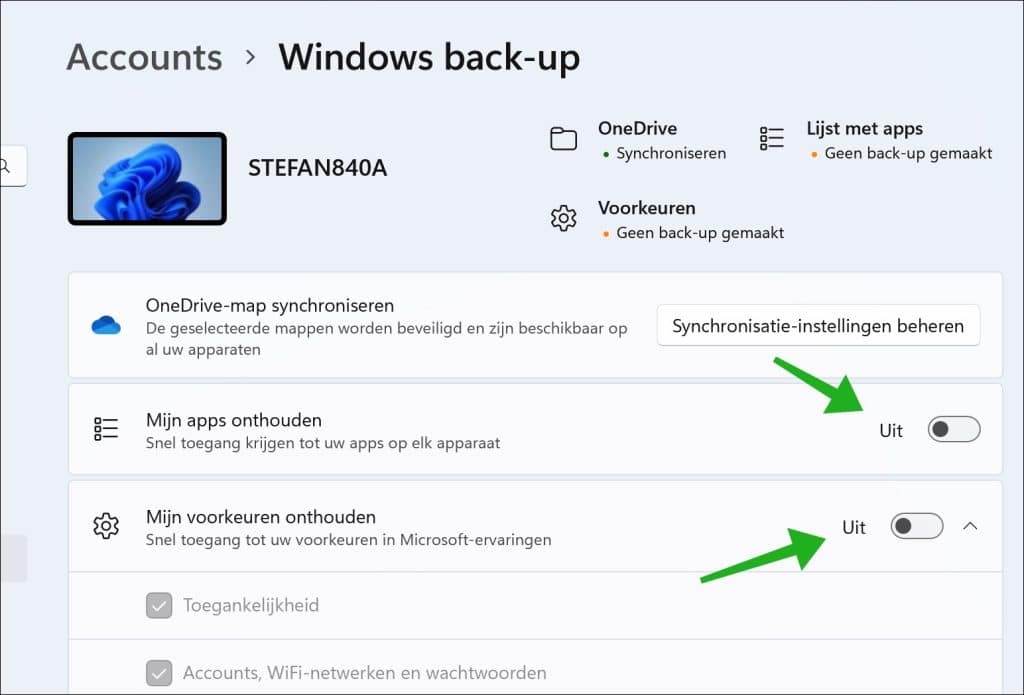 Apps en instellingen synchronisatie uitschakelen in Windows 11 via instellingen