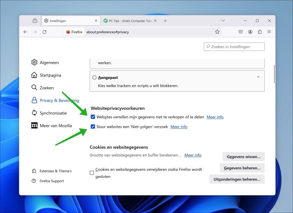 Do Not Track (DNT) inschakelen in de Firefox browser