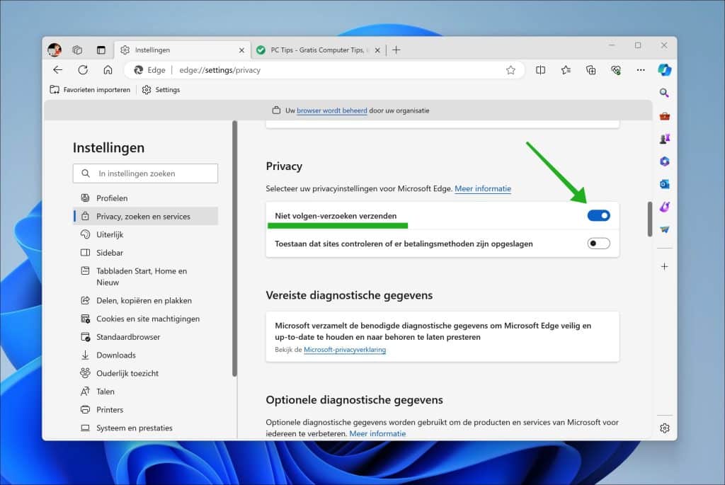 Do Not Track (DNT) inschakelen in de Microsoft Edge browser