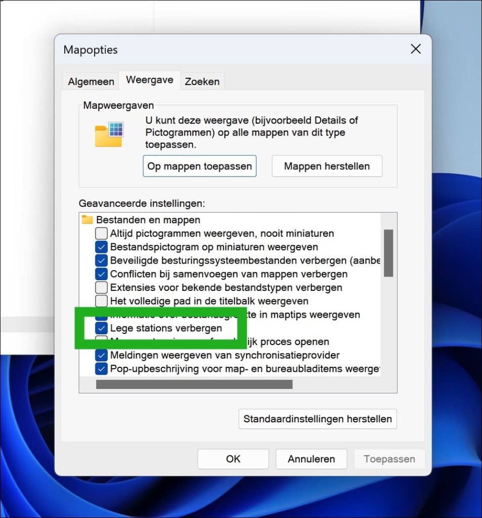 Lege stations verbergen of weergeven in Windows 11