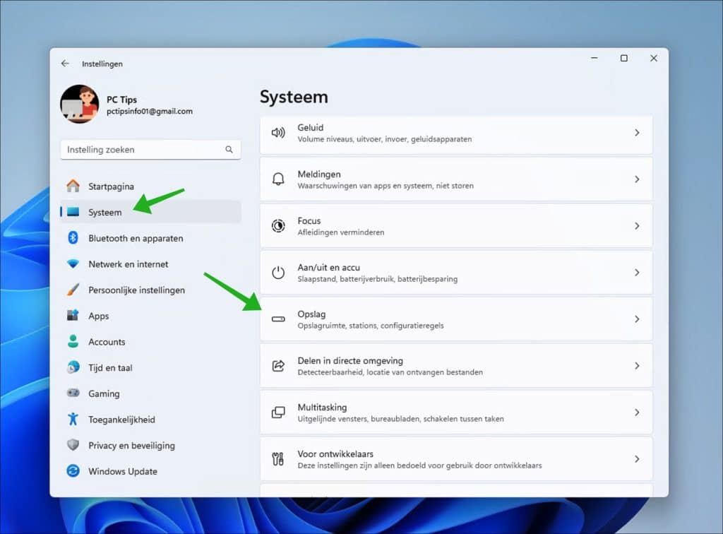 Opslag instellingen in Windows 11