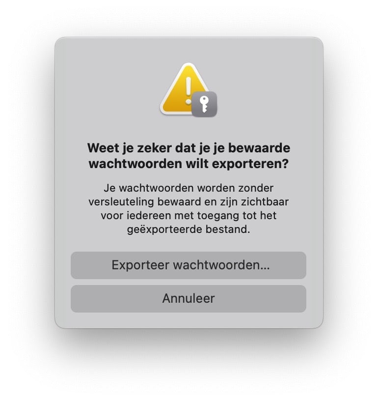 Wachtwoorden exporteren Safari waarschuwing