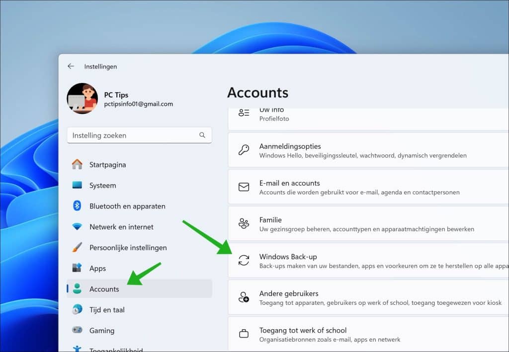 Windows back-up instellingen