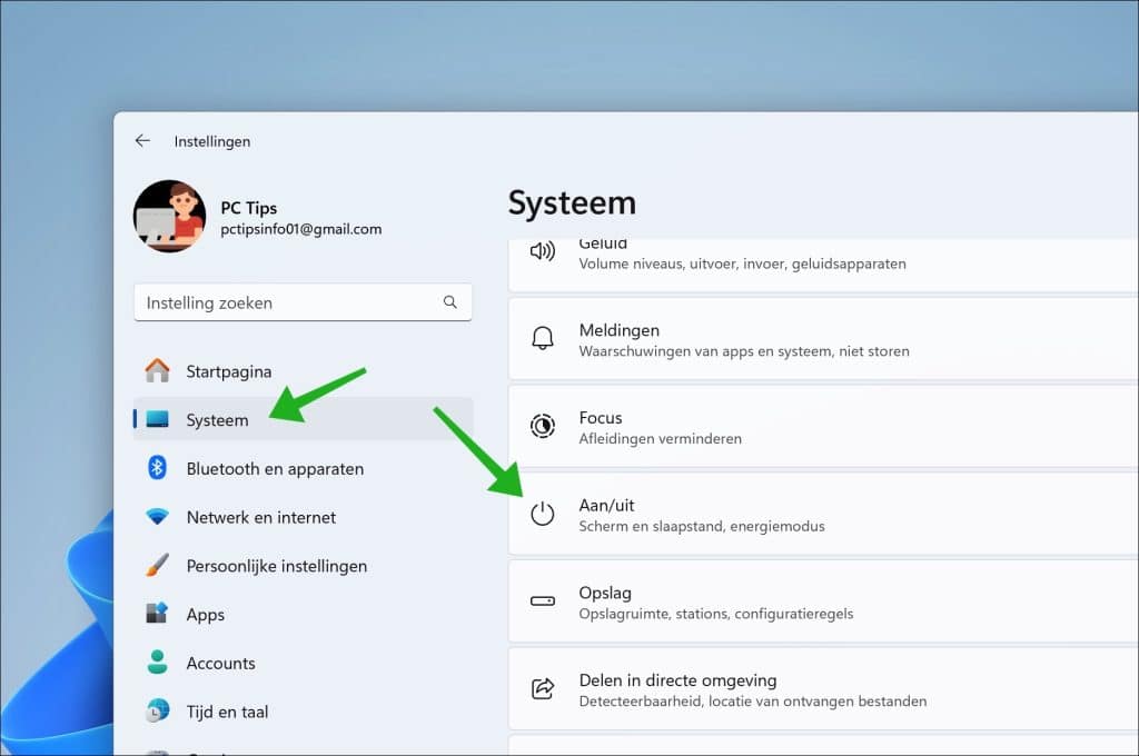 aan uit instellingen in windows 11