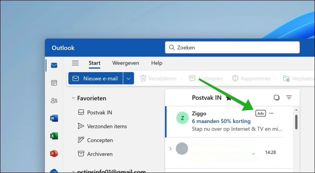Advertentie in Outlook app