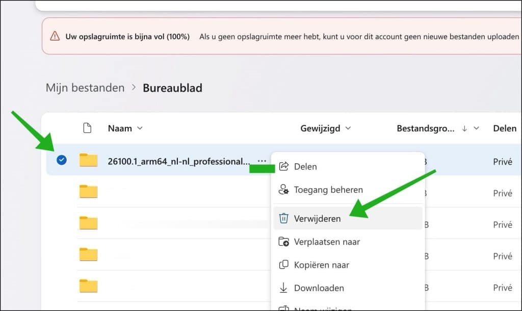 Bestand verwijderen uit OneDrive om ruimte vrij te maken