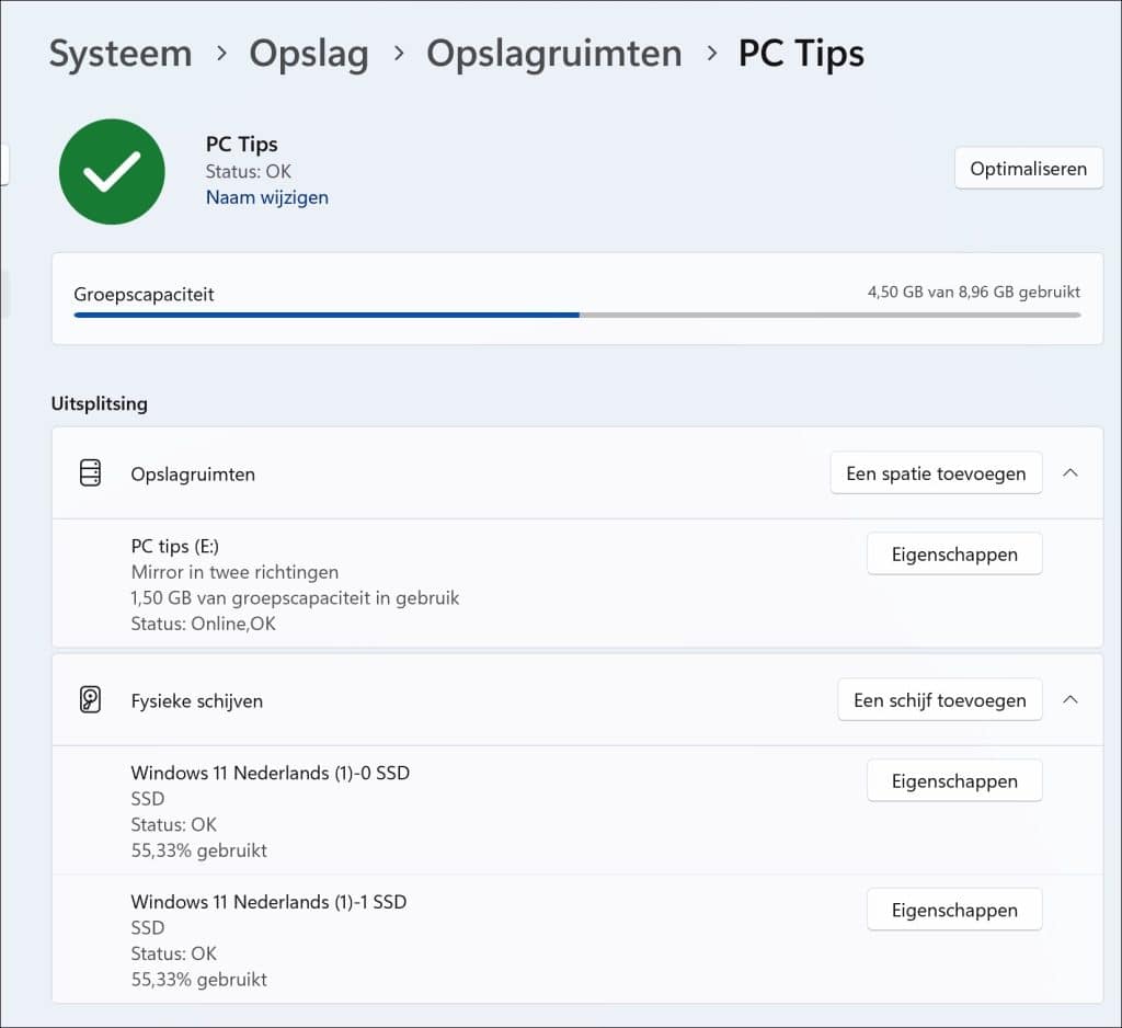 Opslagruimte instellingen en fysieke schijven status