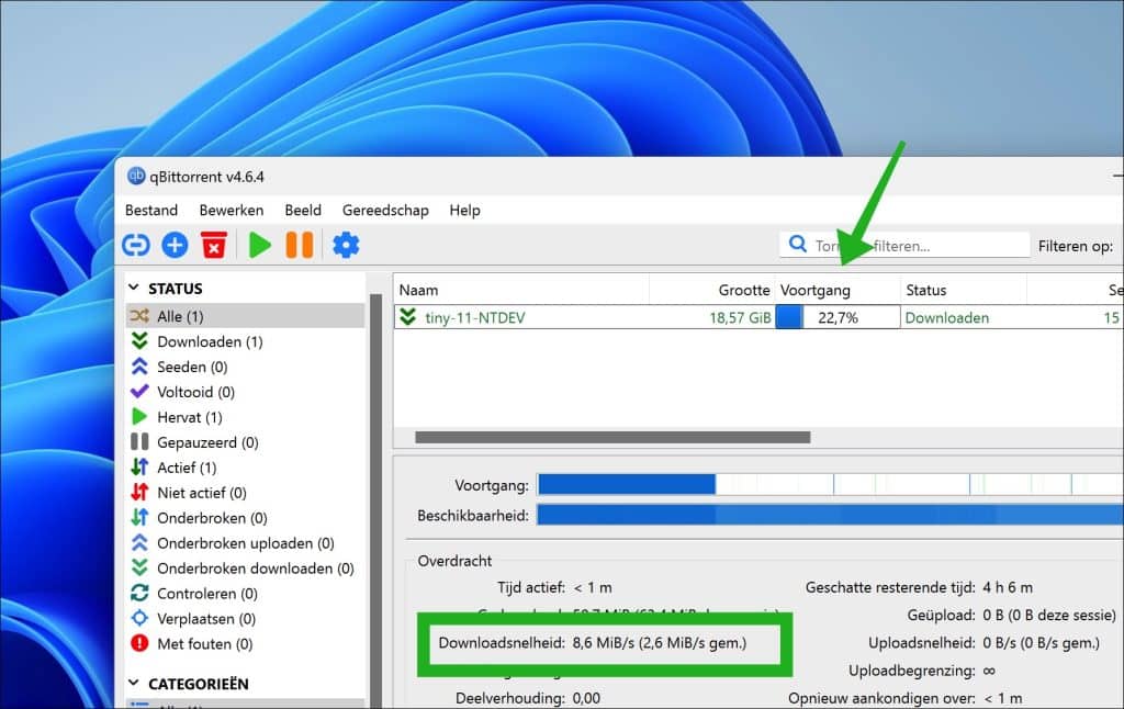 Progresso e velocidade de download do arquivo torrent