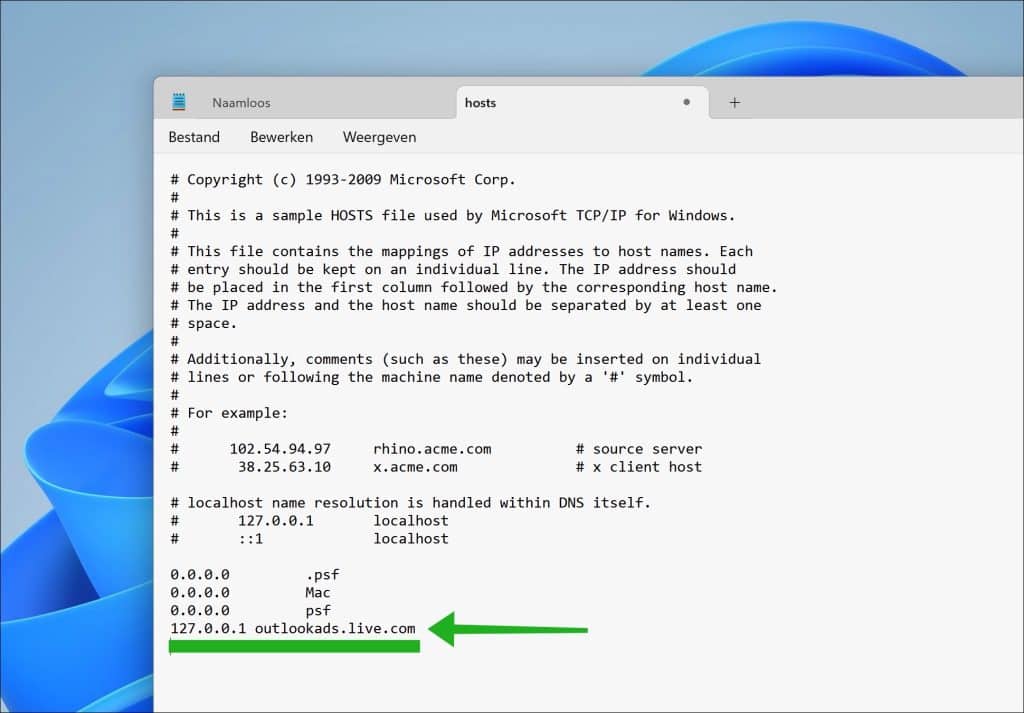 line toevoegen in hosts bestand om outlook ads te blokkeren