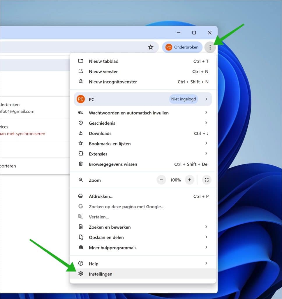 Google Chrome instellingen openen