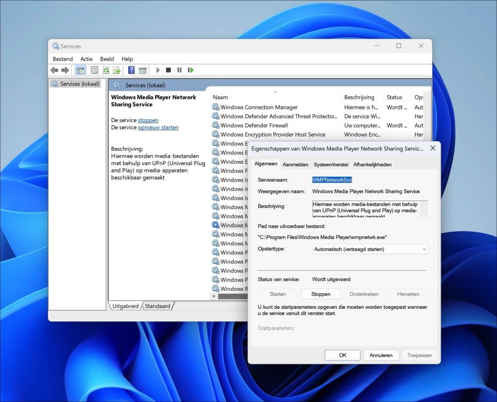Schakel Windows Media Player Network Sharing Service in
