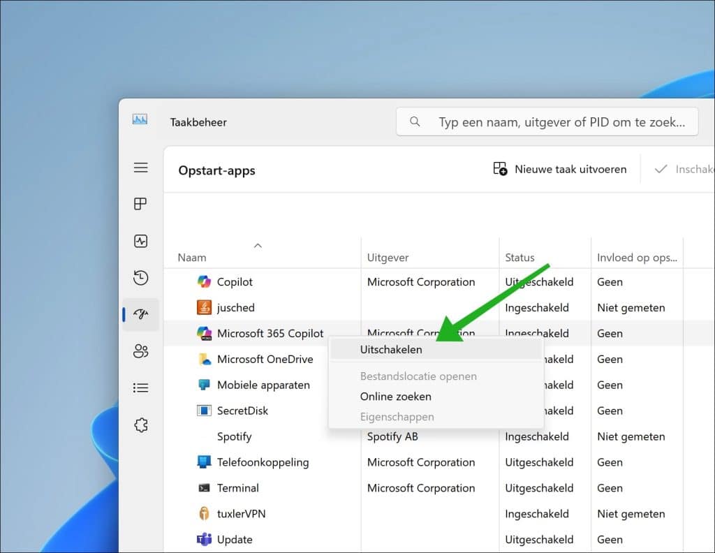 Onnodige opstart apps uitschakelen via taakbeheer