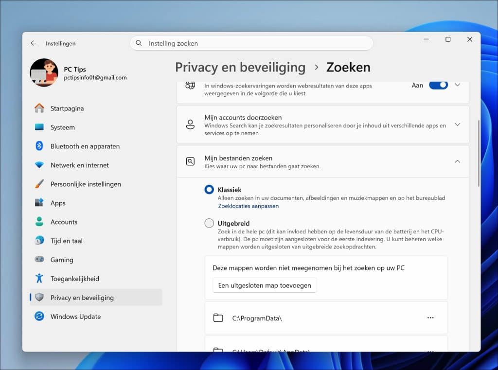 Schakel zoekindexering uit