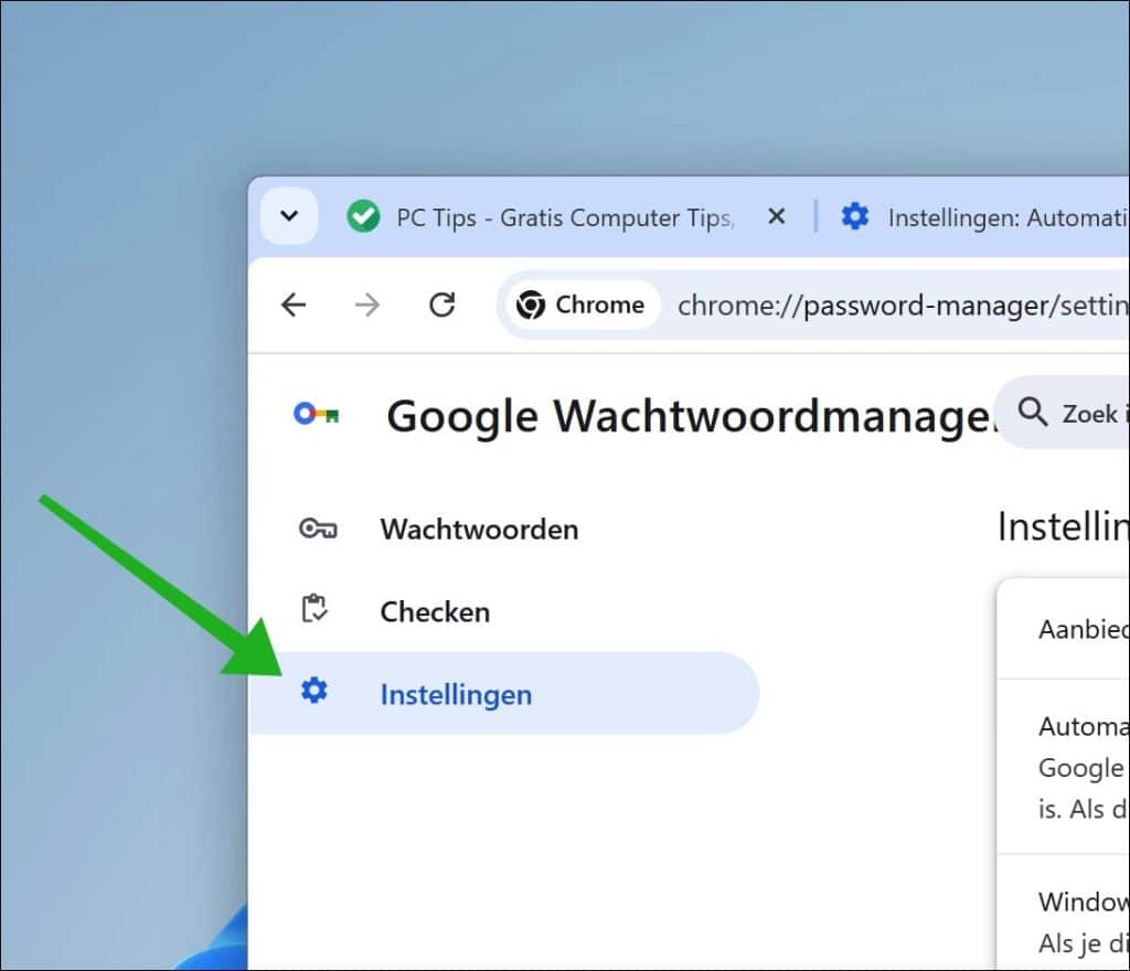 Wachtwoordmanager instellingen