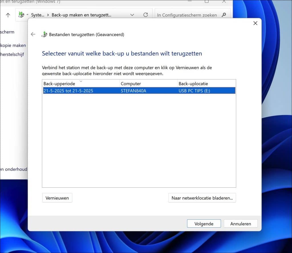 Backup selecteren