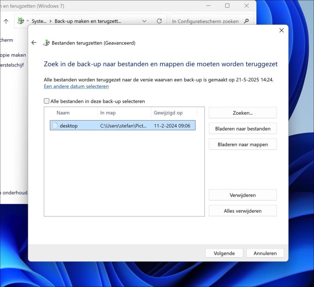 Bestanden of mappen selecteren om terug te zetten uit backup