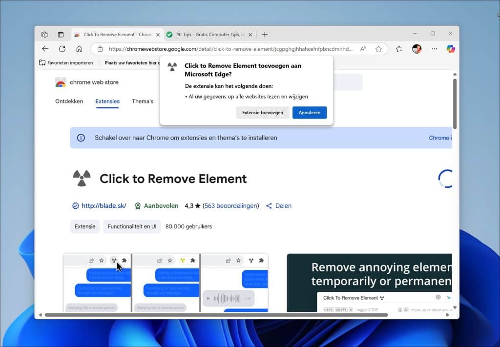 Click to Remove extensie installeren