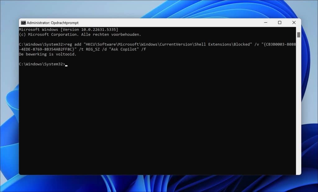 Verwijder Vraag het aan Copilot uit het contextmenu van Windows 11