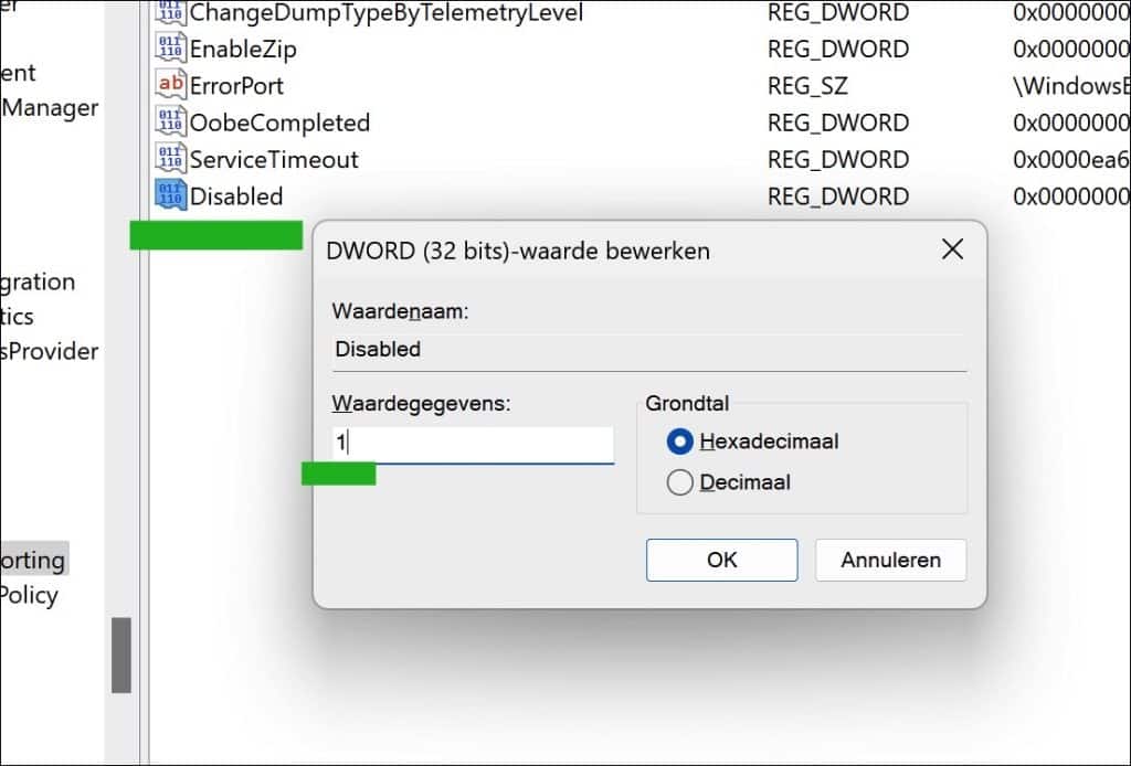 foutrapportage uitschakelen