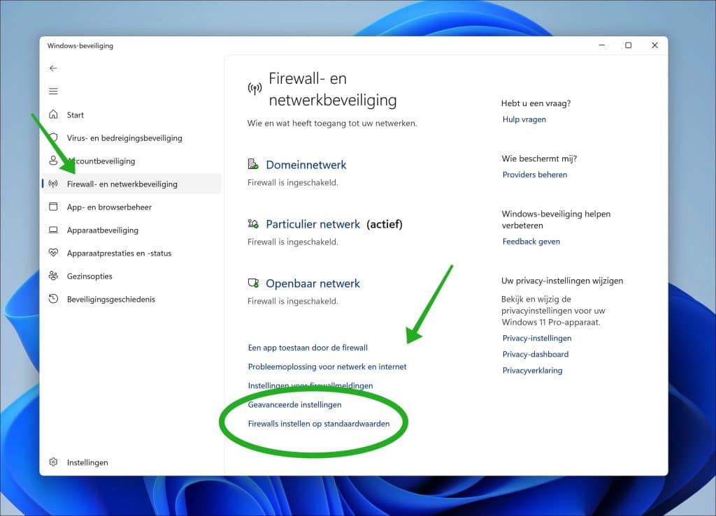 Firewalls instellen op standaardwaarden