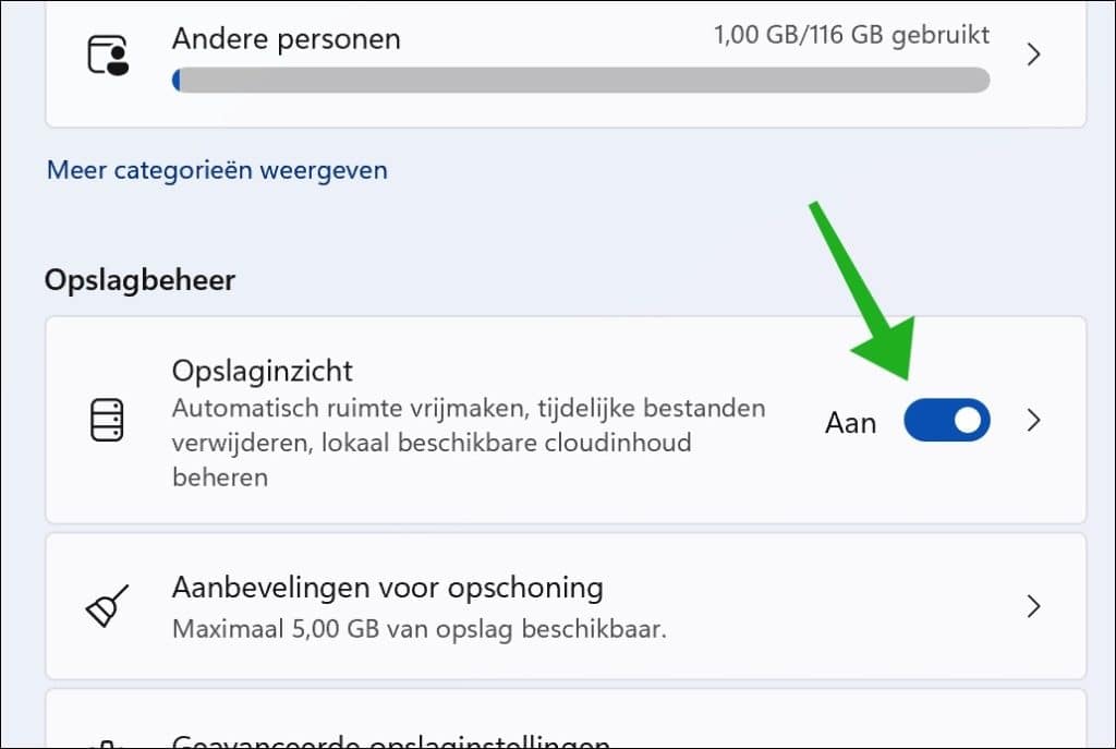 Opslaginzicht inschakelen