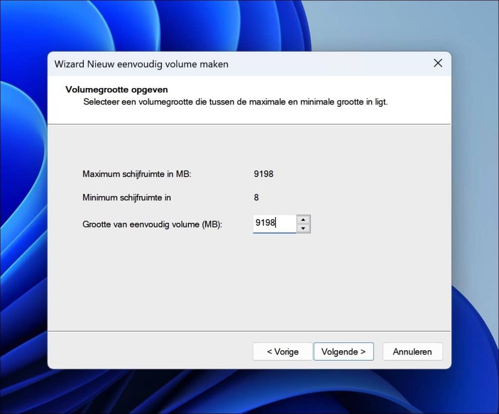 Volume grootte opgeven