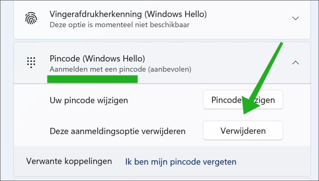 pincode verwijderen windows 11