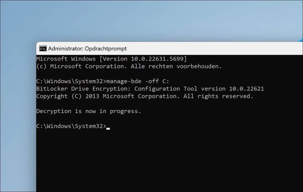 Bitlocker uitschakelen Via Opdrachtprompt