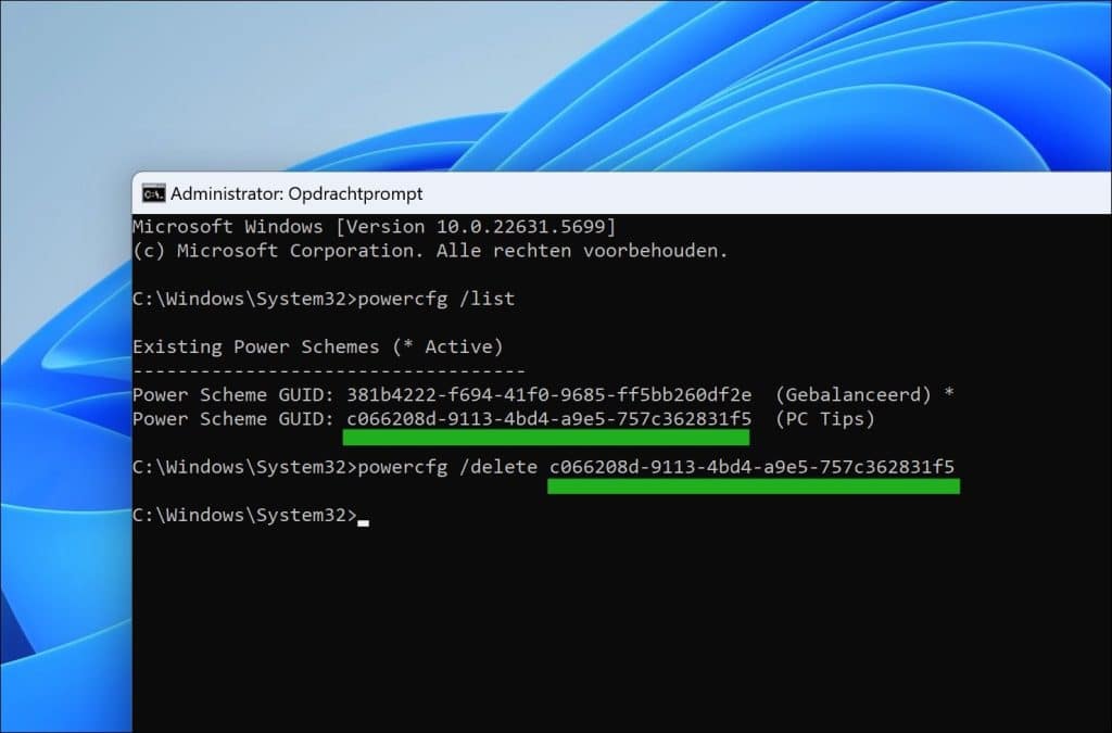 Energiebeheerschema verwijderen in Windows 11