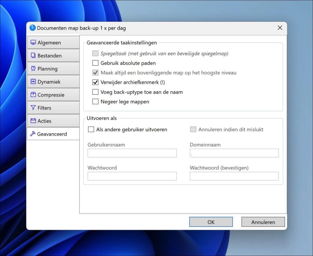 Geavanceerde back-up opties